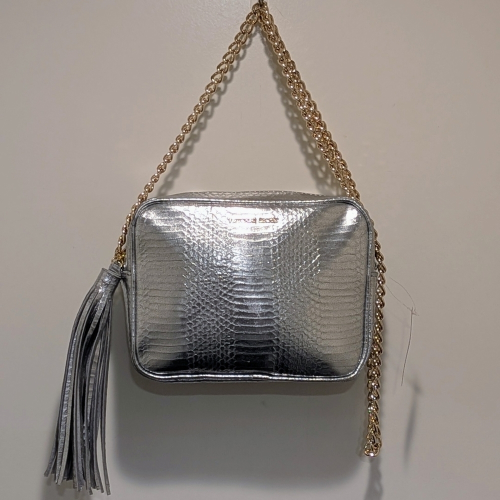 NWT Victoria's Secret Silver Faux Croc Tassel Purse with Gold Chain Strap
